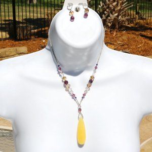 Yellow Jade w Amethyst Crystal Quartz Necklace Set